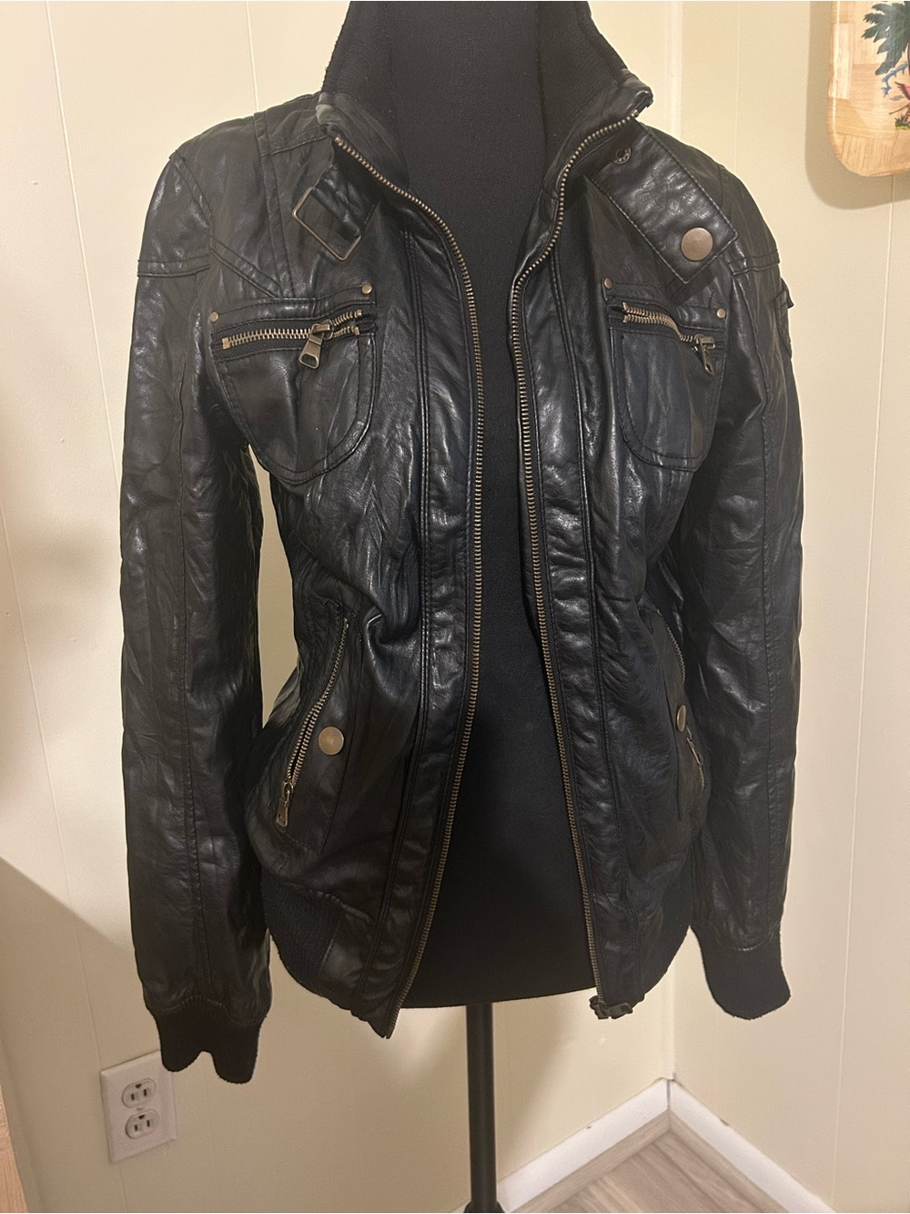 Black Faux Leather Zip-Front Jacket